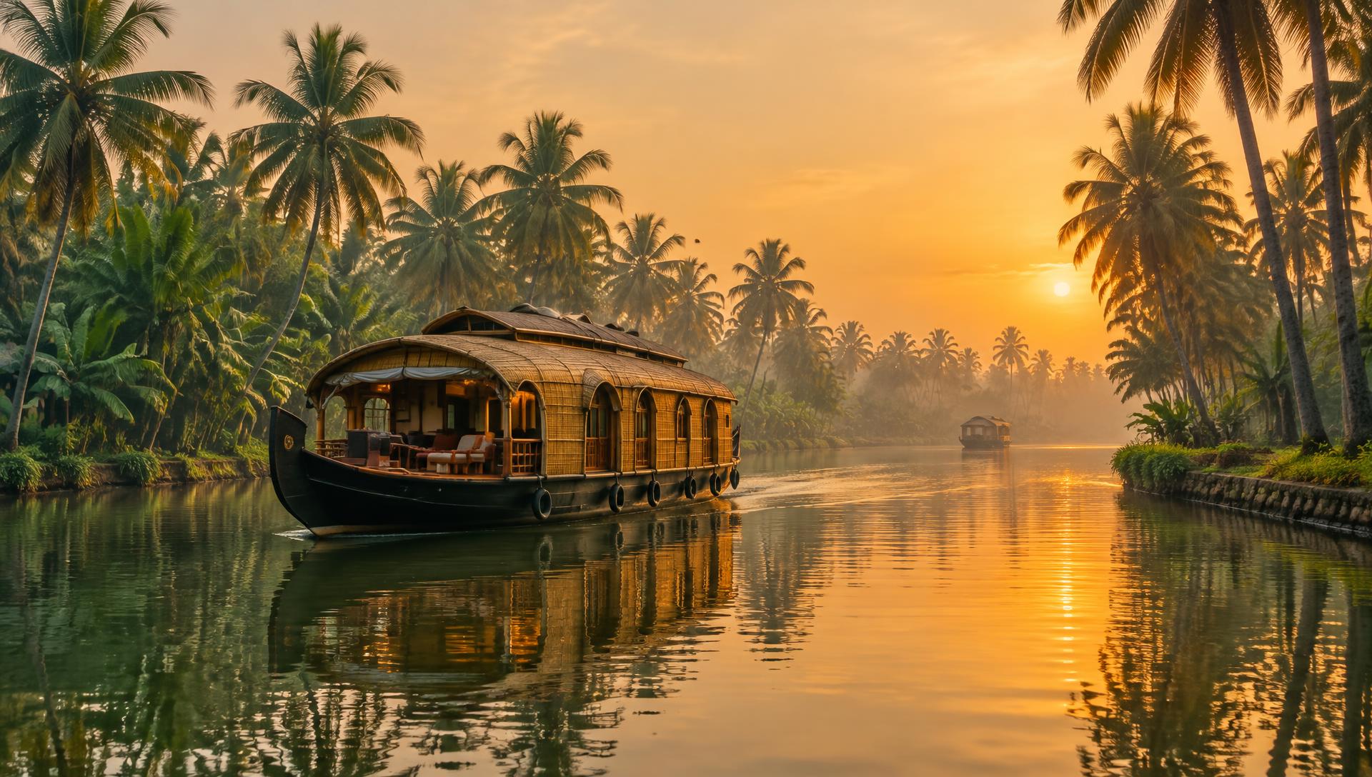 A houseboat cruising the Kerala backwaters at sunrise